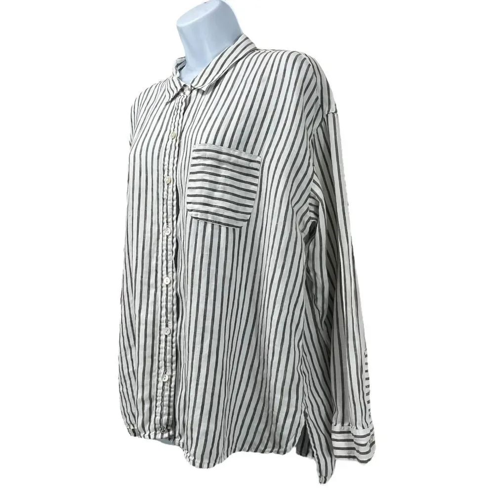J. Jill Women's XL Petite Love Linen White/Gray Striped Long‎ Sleeve Shirt